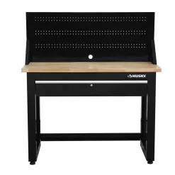 Husky G4801S-US 4 ft. Solid Wood Top Workbench in Black with Pegboard and 1 Drawer