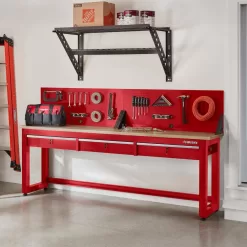 Husky G9603SR-US Ready-To-Assemble 8 ft. Solid Wood Top Workbench in Red with Pegboard and 3 Drawers