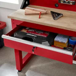 Husky G9603SR-US Ready-To-Assemble 8 ft. Solid Wood Top Workbench in Red with Pegboard and 3 Drawers