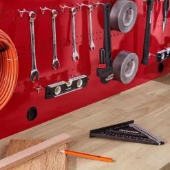 Husky G9603SR-US Ready-To-Assemble 8 ft. Solid Wood Top Workbench in Red with Pegboard and 3 Drawers