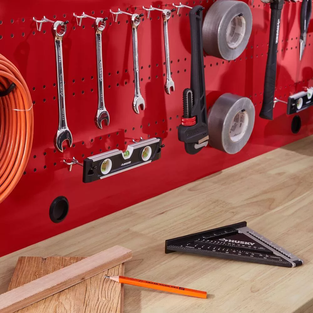 Husky G9603SR-US Ready-To-Assemble 8 ft. Solid Wood Top Workbench in Red with Pegboard and 3 Drawers