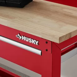 Husky G9603SR-US Ready-To-Assemble 8 ft. Solid Wood Top Workbench in Red with Pegboard and 3 Drawers