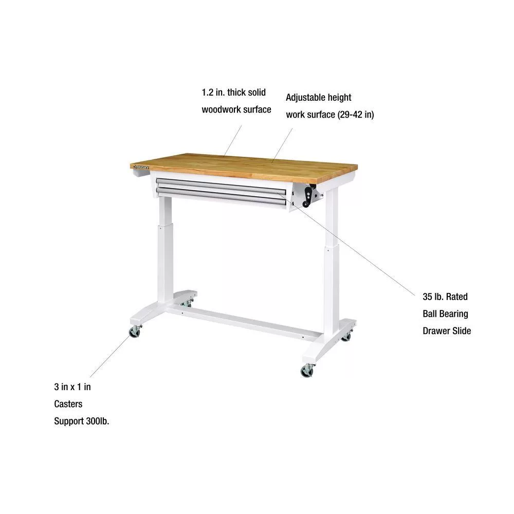 Husky HOLT4602BJ2 46 in. Adjustable Height Work Table with 2-Drawers in White