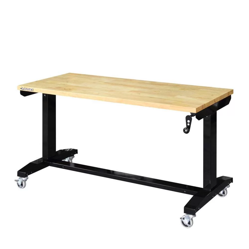 Husky HOLT52XDB12 52 in. W x 24 in. D Adjustable Height Solid Wood Top Workbench Table in Black