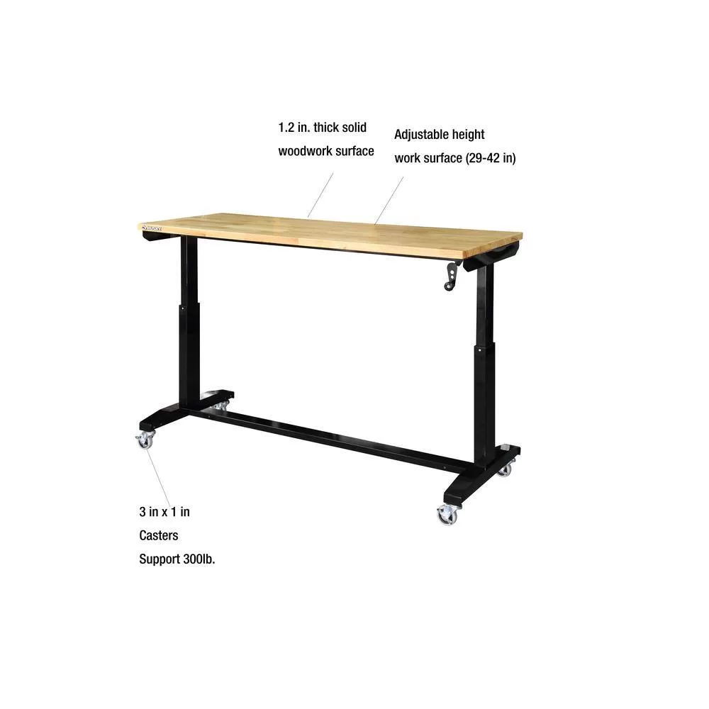 Husky HOLT62XDB12 62 in. W x 24 in. D Adjustable Height Solid Wood Top Workbench Table in Black