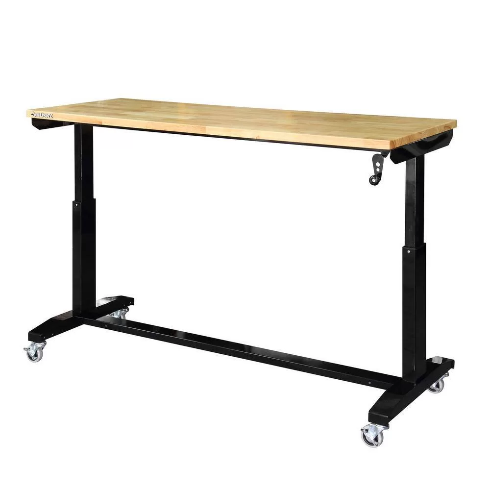 Husky HOLT62XDB12 62 in. W x 24 in. D Adjustable Height Solid Wood Top Workbench Table in Black