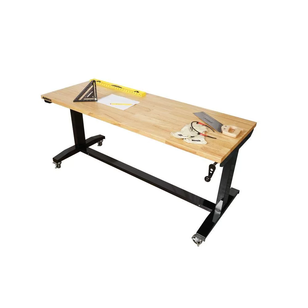 Husky HOLT62XDB12 62 in. W x 24 in. D Adjustable Height Solid Wood Top Workbench Table in Black