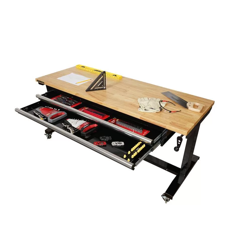 Husky HOTL6202B12 62 in. Adjustable Height Workbench Table with 2-Drawers in Black