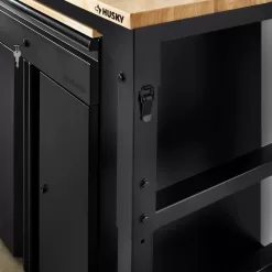 Husky HTC1000004 6 ft. Adjustable Height Solid Wood Top Workbench in Black for Heavy Duty Welded Steel Garage Storage System