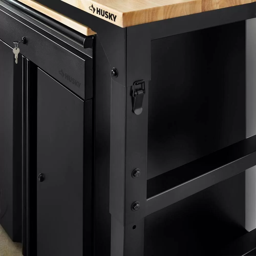 Husky HTC1000004 6 ft. Adjustable Height Solid Wood Top Workbench in Black for Heavy Duty Welded Steel Garage Storage System