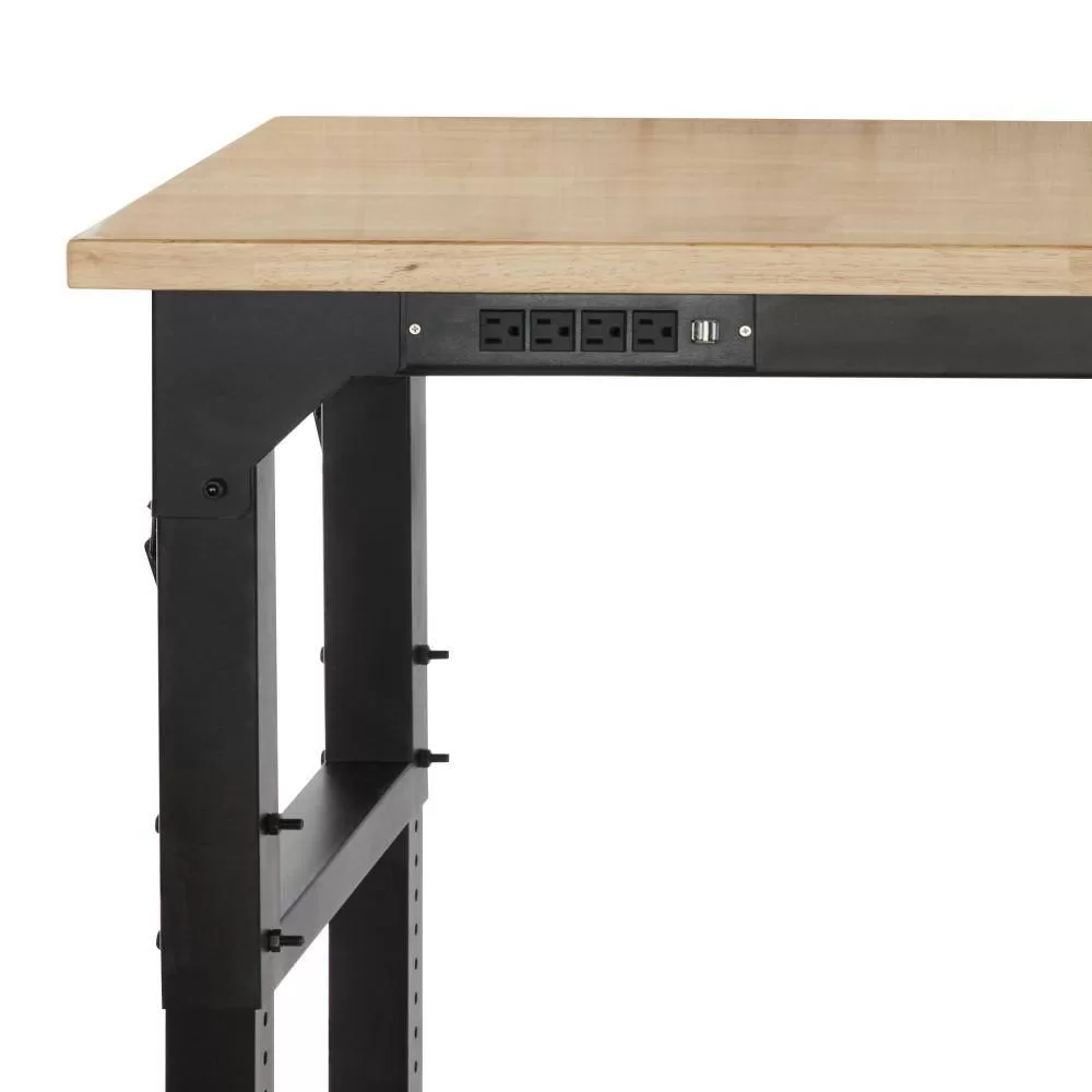Husky HTC1000004 6 ft. Adjustable Height Solid Wood Top Workbench in Black for Heavy Duty Welded Steel Garage Storage System
