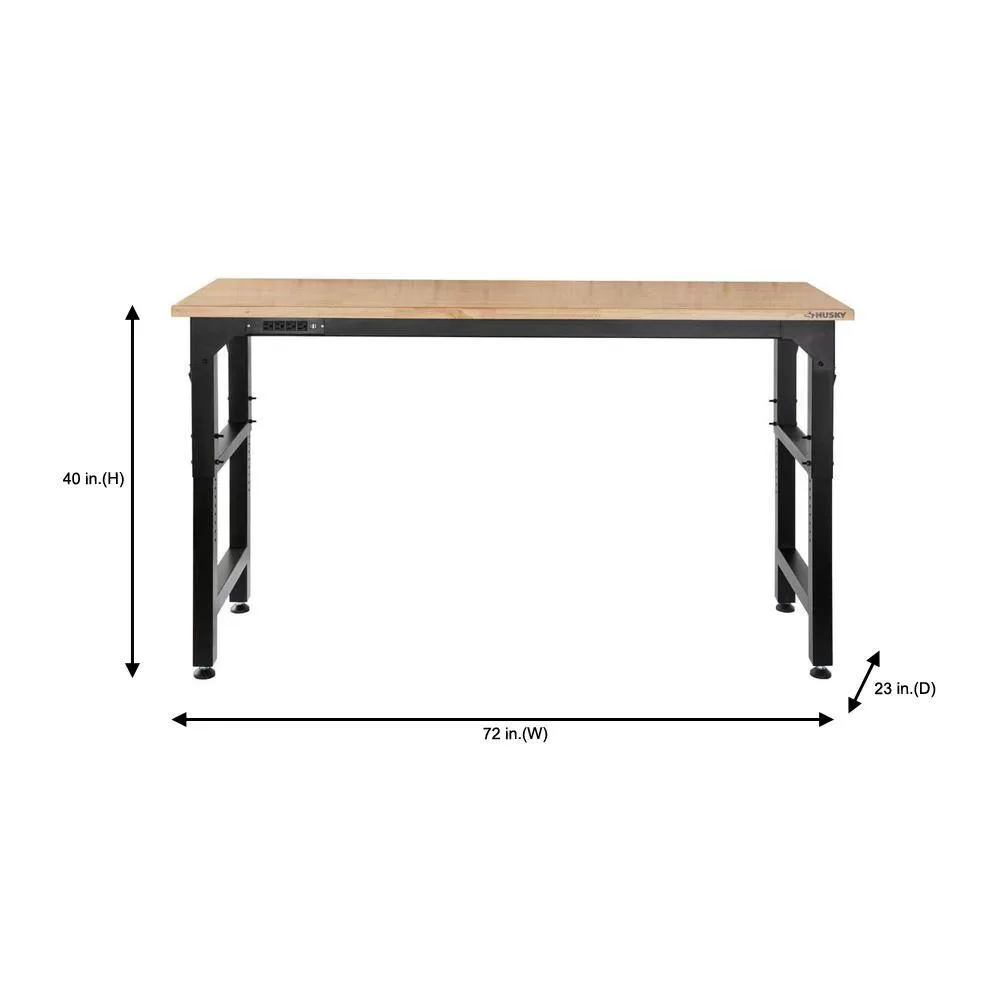 Husky HTC1000004 6 ft. Adjustable Height Solid Wood Top Workbench in Black for Heavy Duty Welded Steel Garage Storage System