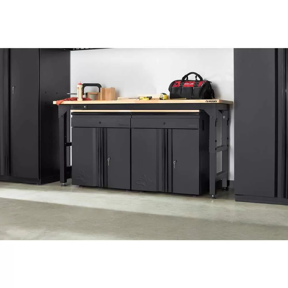 Husky HTC1000004 6 ft. Adjustable Height Solid Wood Top Workbench in Black for Heavy Duty Welded Steel Garage Storage System