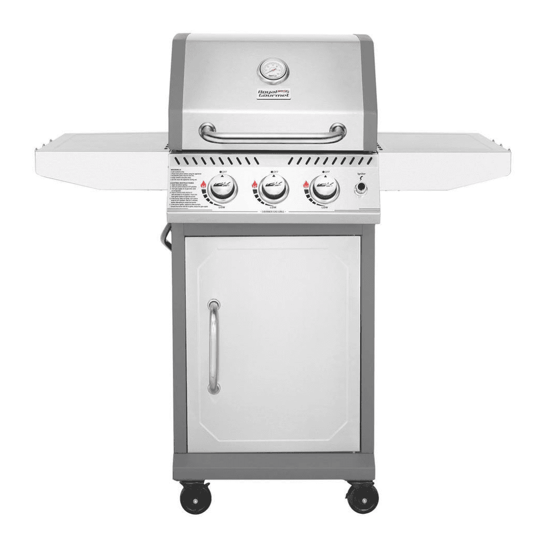 Royal Gourmet GG3001S Stainless Steel 3-Burner Propane Gas Grill, 25,500 BTU Cabinet Style Cas Grill with Side Tables