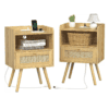 SUPERJARE Nightstands Set of 2, Night Stands with Charging Station & PE Rattan Decor Drawer - Natural