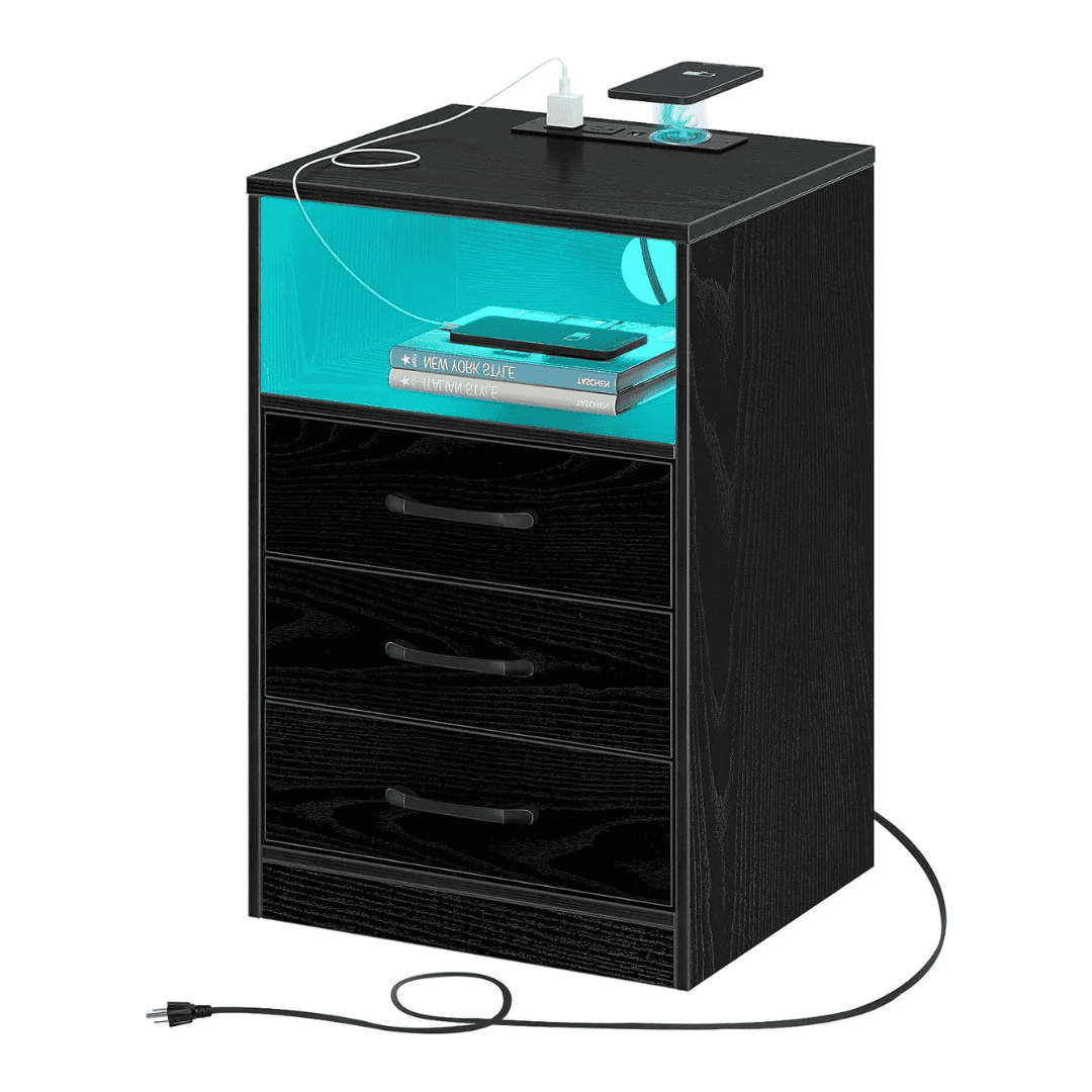 Seventable Nightstand with Wireless Charging Station and LED Lights, Black