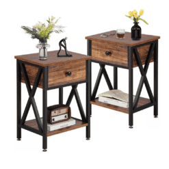 VECELO Night Stands for Bedroom Nightstand Bedside End Tables with Drawer Storage, (Set of 2), Rustic Brown