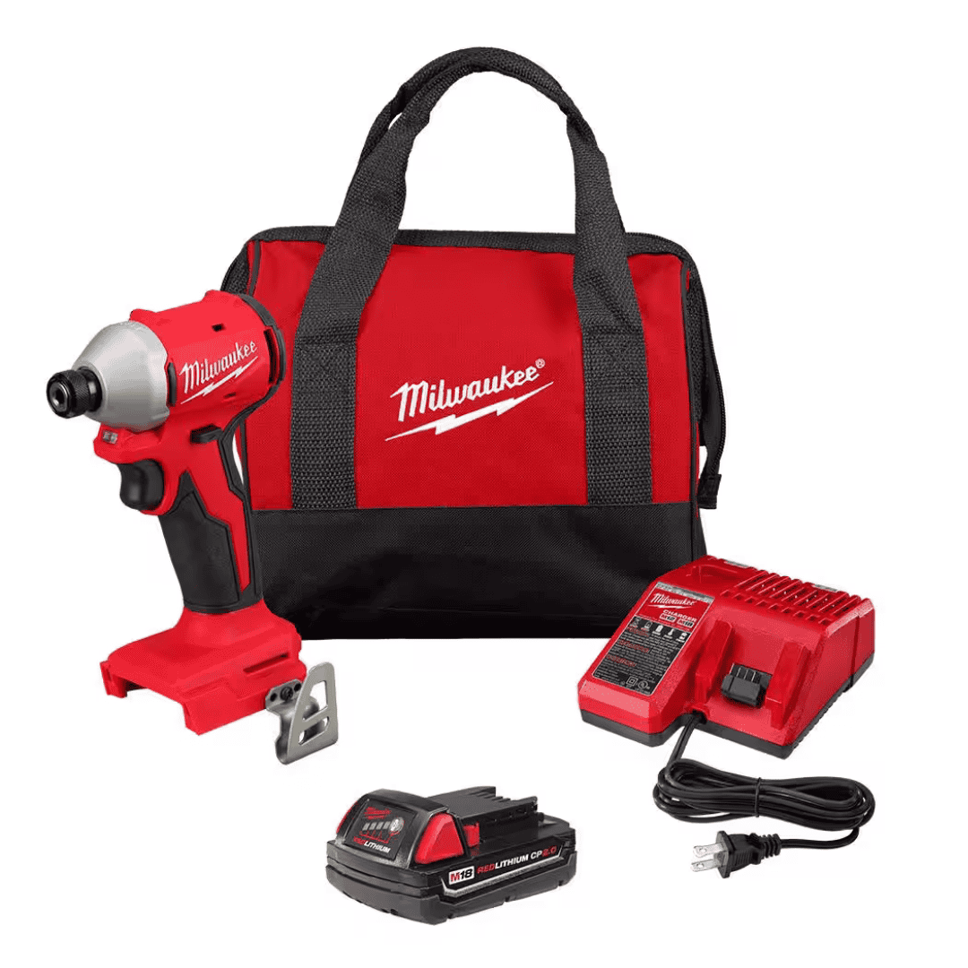 Milwaukee 3650-21P M18 18-Volt Lithium-Ion Compact Brushless Cordless 1/4 in. Impact Driver Kit with One 2.0 Ah Battery, Charger & Tool Bag