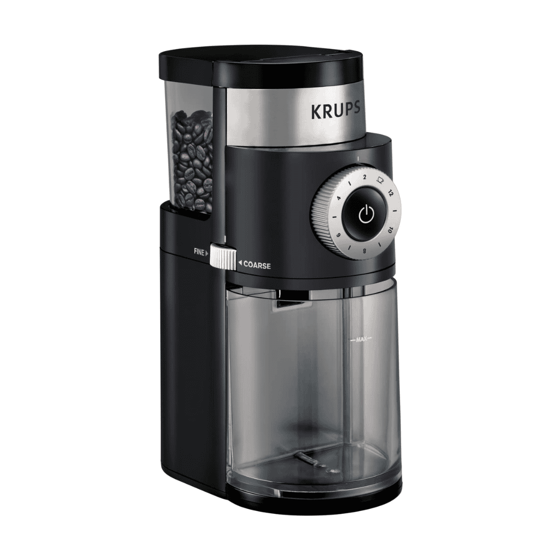 Krups Precision Plastic and Stainless Steel Flat Burr Grinder 12 Cup 110 Watts 12 Grind Settings, Cold Brew Black