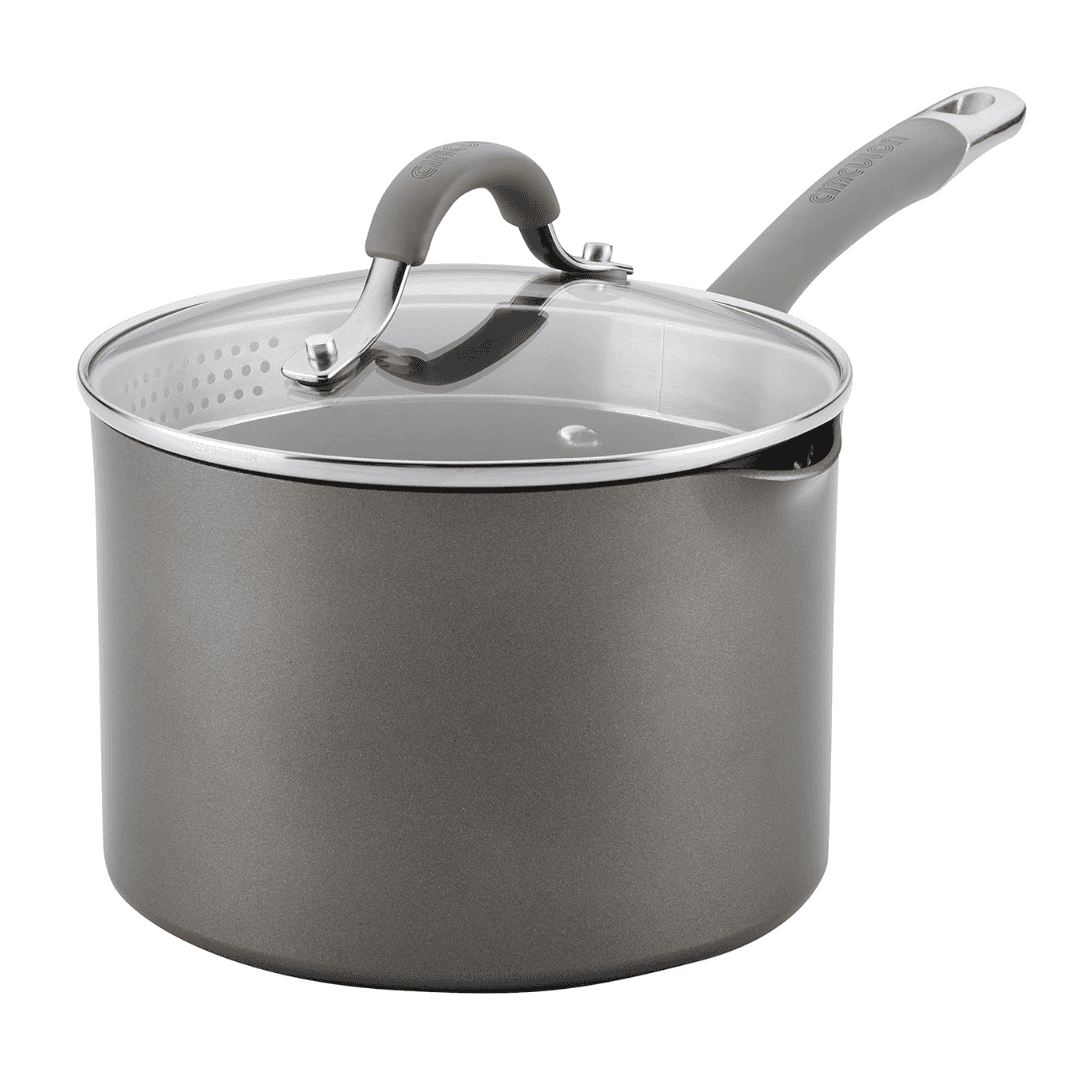 Circulon 84567 3-Qt.Covered Straining Pour Spouts Hard Anodized Aluminum Saucepan, 3 quart, Oyster Gray
