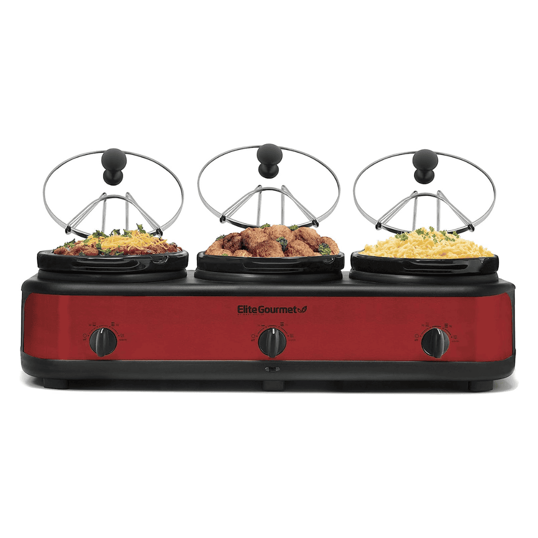 Elite Platinum EWMST-325R Maxi-Matic Triple Slow Cooker Buffet Server Adjustable Temp, Lid Rests, 3 x 2.5 Qt Capacity, Red