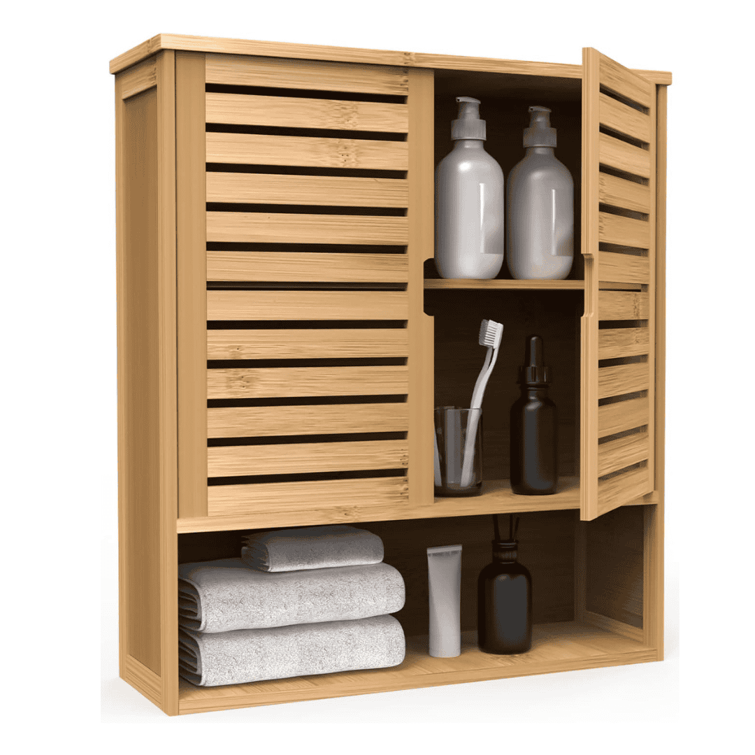 Purbambo Bathroom Wall Cabinet, Bamboo Wall Mount Medicine Cabinet Storage Organizer, Double Doors & 3 Tier Adjustable Shelf