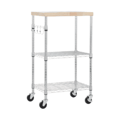 Amazon Basics Kitchen Storage Microwave Rack Cart on Caster Wheels with Adjustable Shelves, Wood/Chrome