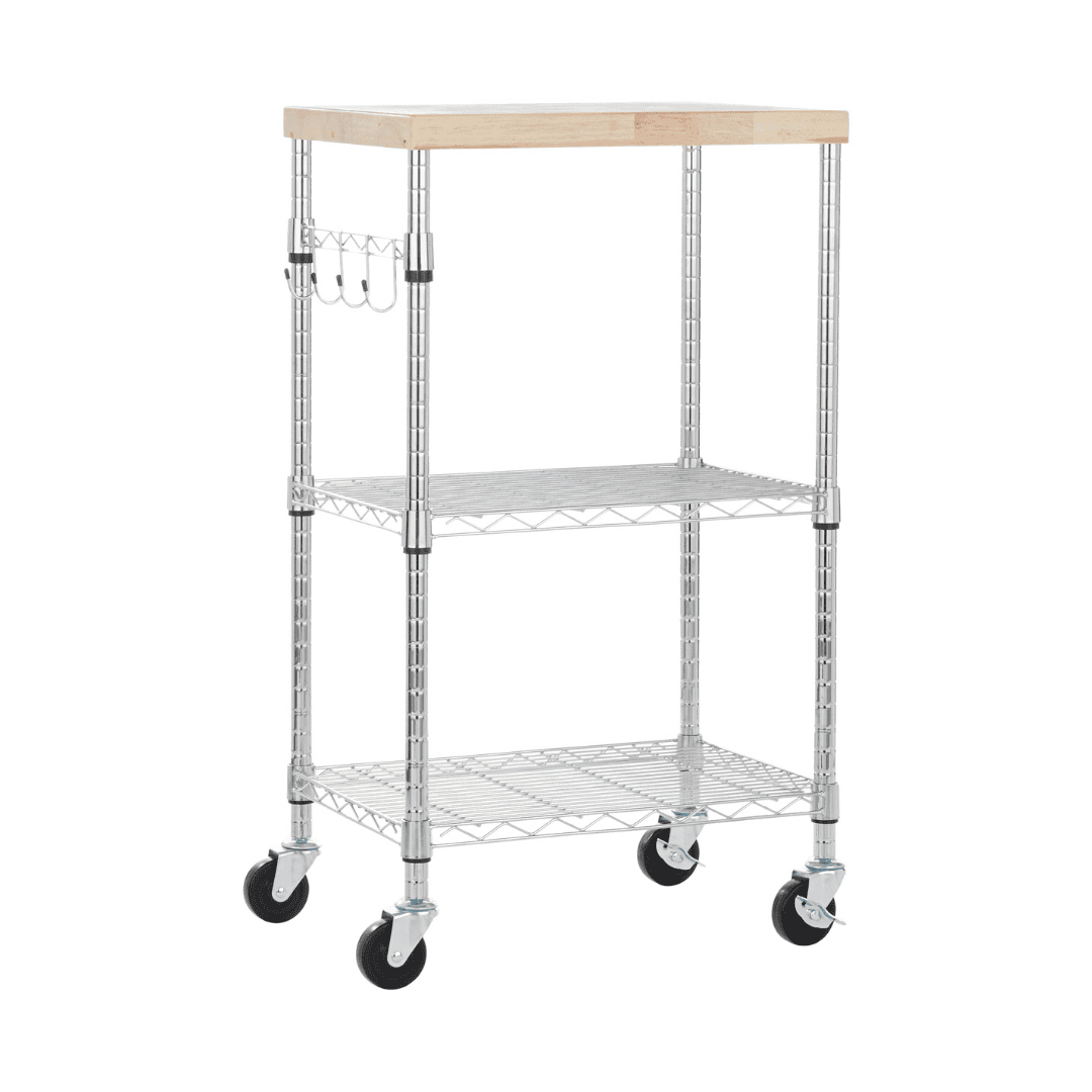 Amazon Basics Kitchen Storage Microwave Rack Cart on Caster Wheels with Adjustable Shelves, Wood/Chrome