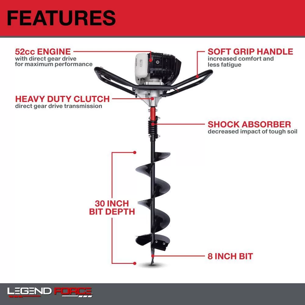 Legend Force 201125 52 cc 2-Cycle Gas Powered 1-Man Earth Auger with 8 in. Bit