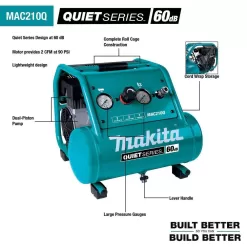 Makita MAC210Q Quiet Series 2 Gal. 135 PSI 1 HP Oil-Free Portable Corded Electric 60 dBA Air Compressor (6.5 CFM at 90 PSI)