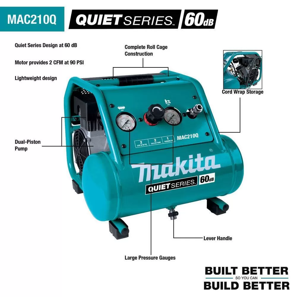 Makita MAC210Q Quiet Series 2 Gal. 135 PSI 1 HP Oil-Free Portable Corded Electric 60 dBA Air Compressor (6.5 CFM at 90 PSI)