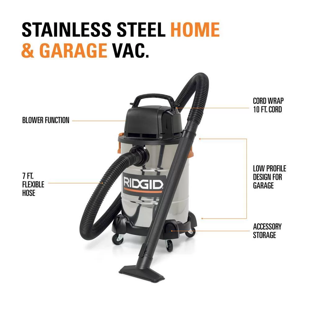 RIDGID WD6425 6 Gallon 4.25 Peak HP Stainless Steel Wet/Dry Shop Vacuum with Filter, Locking Hose and Accessories