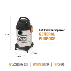 RIDGID WD6425 6 Gallon 4.25 Peak HP Stainless Steel Wet/Dry Shop Vacuum with Filter, Locking Hose and Accessories