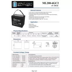 MIGHTY MAX BATTERY MAX3971249 ML200-6GC2 - 6 Volt 200 AH, Internal Thread (INT) Terminal