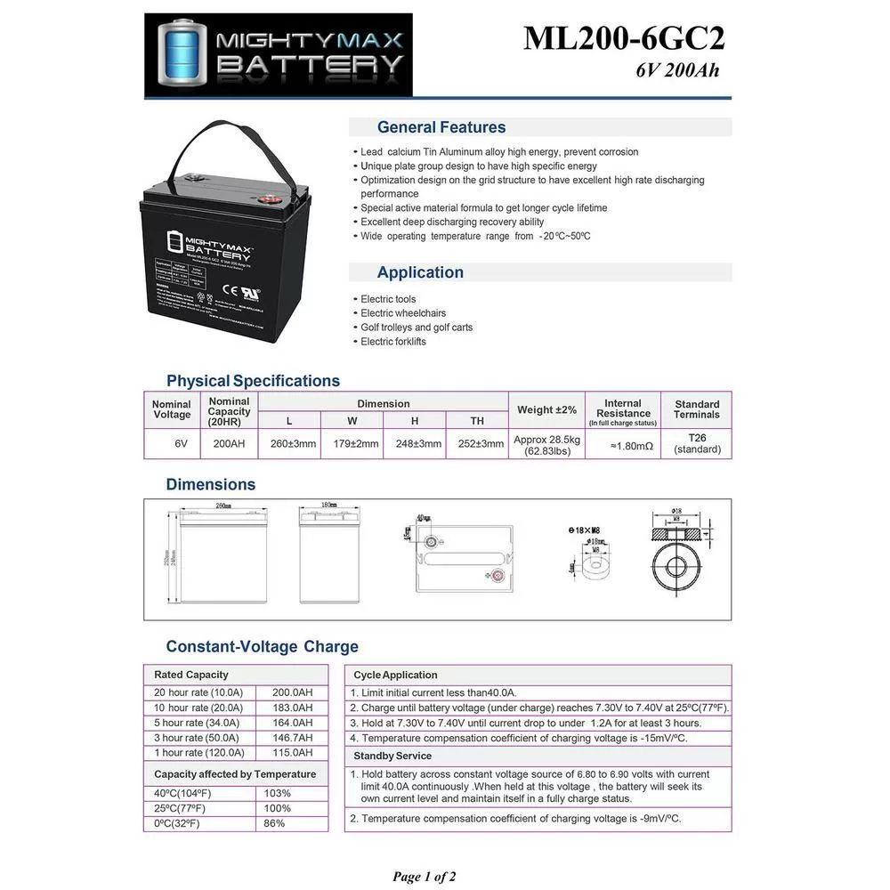 MIGHTY MAX BATTERY MAX3971249 ML200-6GC2 - 6 Volt 200 AH, Internal Thread (INT) Terminal