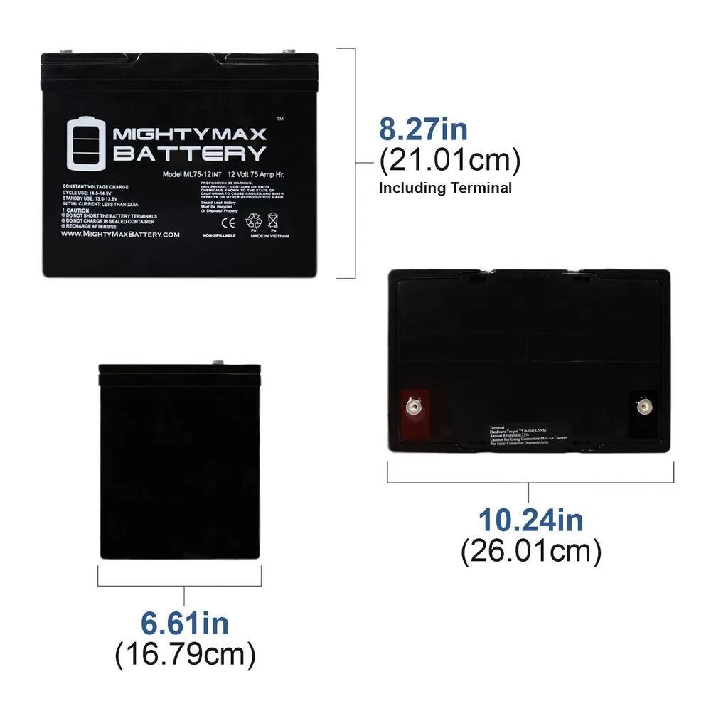 MIGHTY MAX BATTERY ML75-12INT 12-Volt 75 Ah Rechargeable Sealed Lead Acid (SLA) Internal Thread Battery