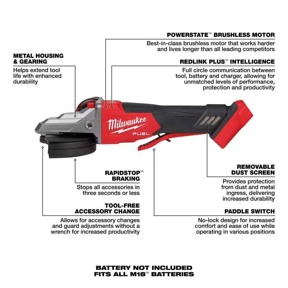 Milwaukee 2886-20-48-59-1880 M18 FUEL 18-Volt Lithium-Ion Brushless Cordless 5 in. Flathead Braking Grinder with 8.0 Ah Battery and Charger