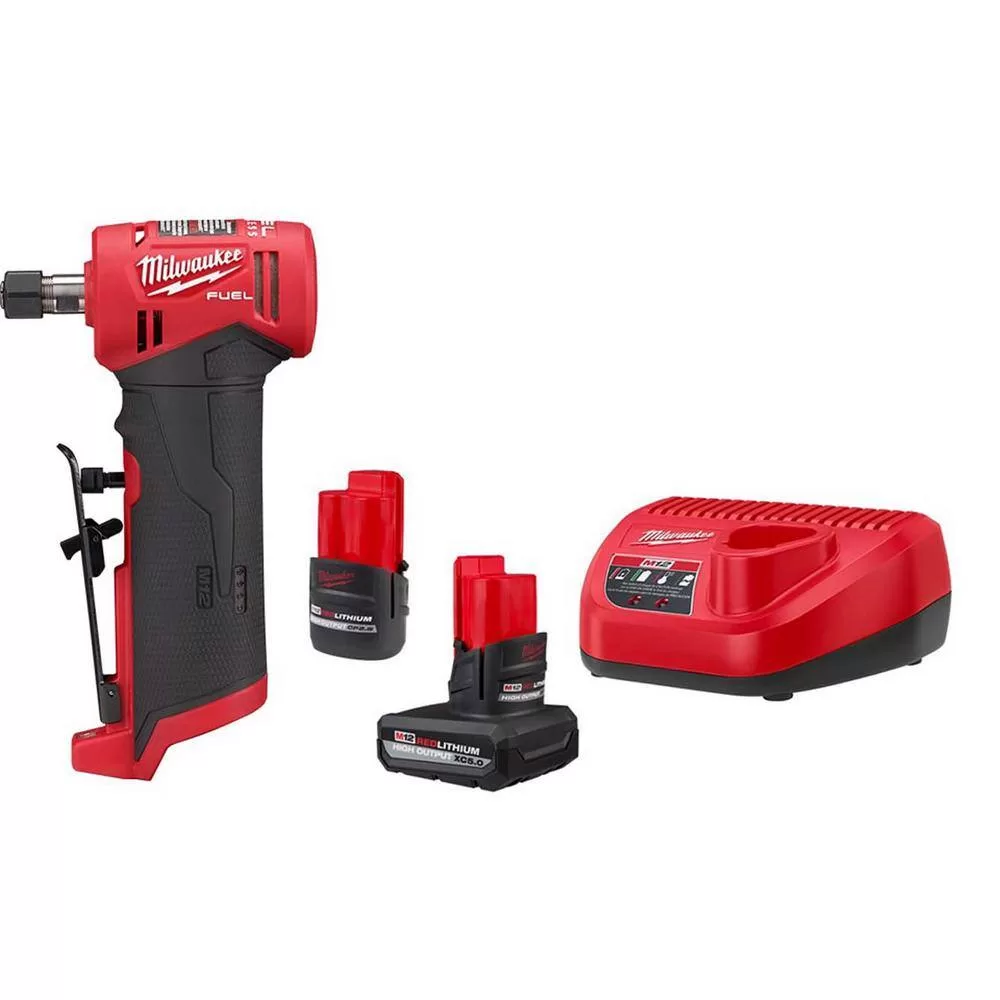 Milwaukee 2485-20-48-59-2452S M12 FUEL 12-Volt Lithium-Ion 1/4 in. Cordless Right Angle Die Grinder with High Output 5.0/2.5 Ah Batteries and Charger