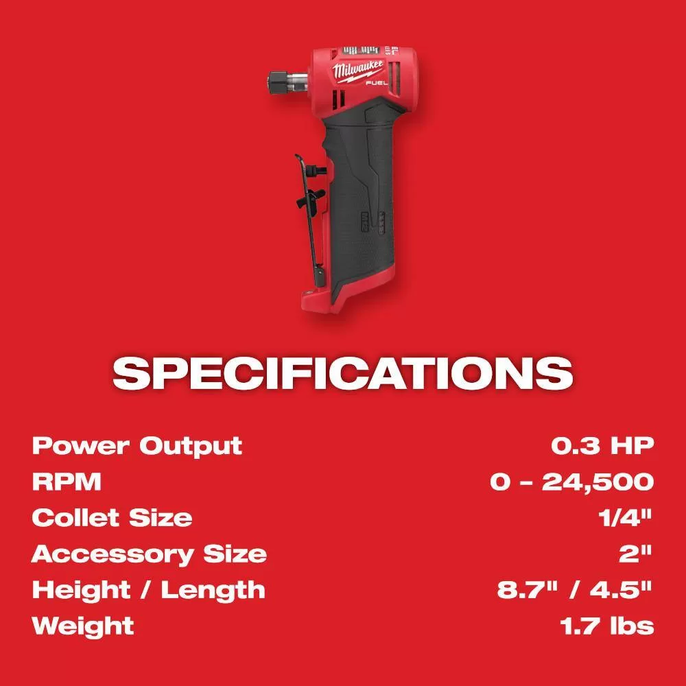 Milwaukee 2485-20-48-59-2452S M12 FUEL 12-Volt Lithium-Ion 1/4 in. Cordless Right Angle Die Grinder with High Output 5.0/2.5 Ah Batteries and Charger