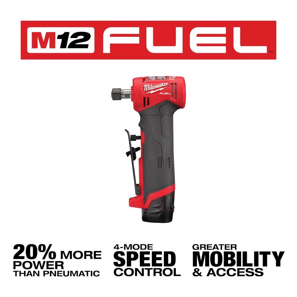 Milwaukee 2485-20-48-59-2452S M12 FUEL 12-Volt Lithium-Ion 1/4 in. Cordless Right Angle Die Grinder with High Output 5.0/2.5 Ah Batteries and Charger