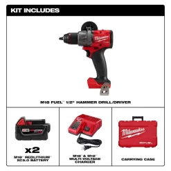 Milwaukee 2904-22-48-11-1850 M18 Fuel 18-V Lithium-Ion Brushless Cordless 1/2 in. Hammer Drill Driver Kit with (3) 5.0 Ah Batteries and Hard Case