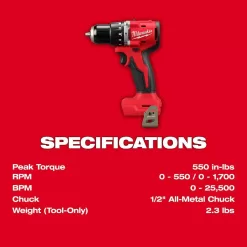 Milwaukee 3602-20 M18 18V Lithium-Ion Brushless Cordless 1/2 in. Compact Hammer Drill/Driver (Tool-Only)