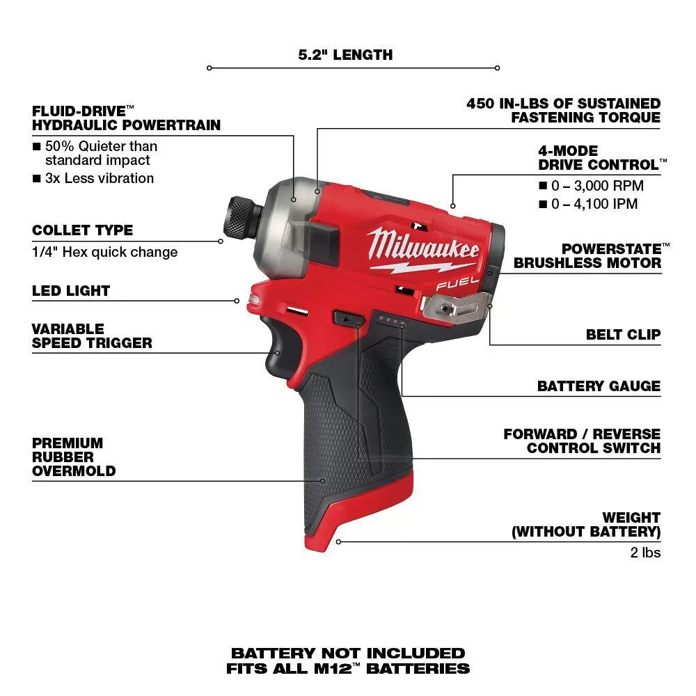 Milwaukee 2551-20-48-11-2425 M12 FUEL SURGE 12V Lithium-Ion Brushless Cordless 1/4 in. Hex Impact Driver w/High Output 2.5 Ah Battery