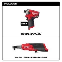 Milwaukee 2551-22-2567-20 M12 FUEL 12V Lithium-Ion Cordless SURGE 1/4 in. Hex Impact Driver and M12 FUEL High Speed 3/8 in. Ratchet Combo Kit