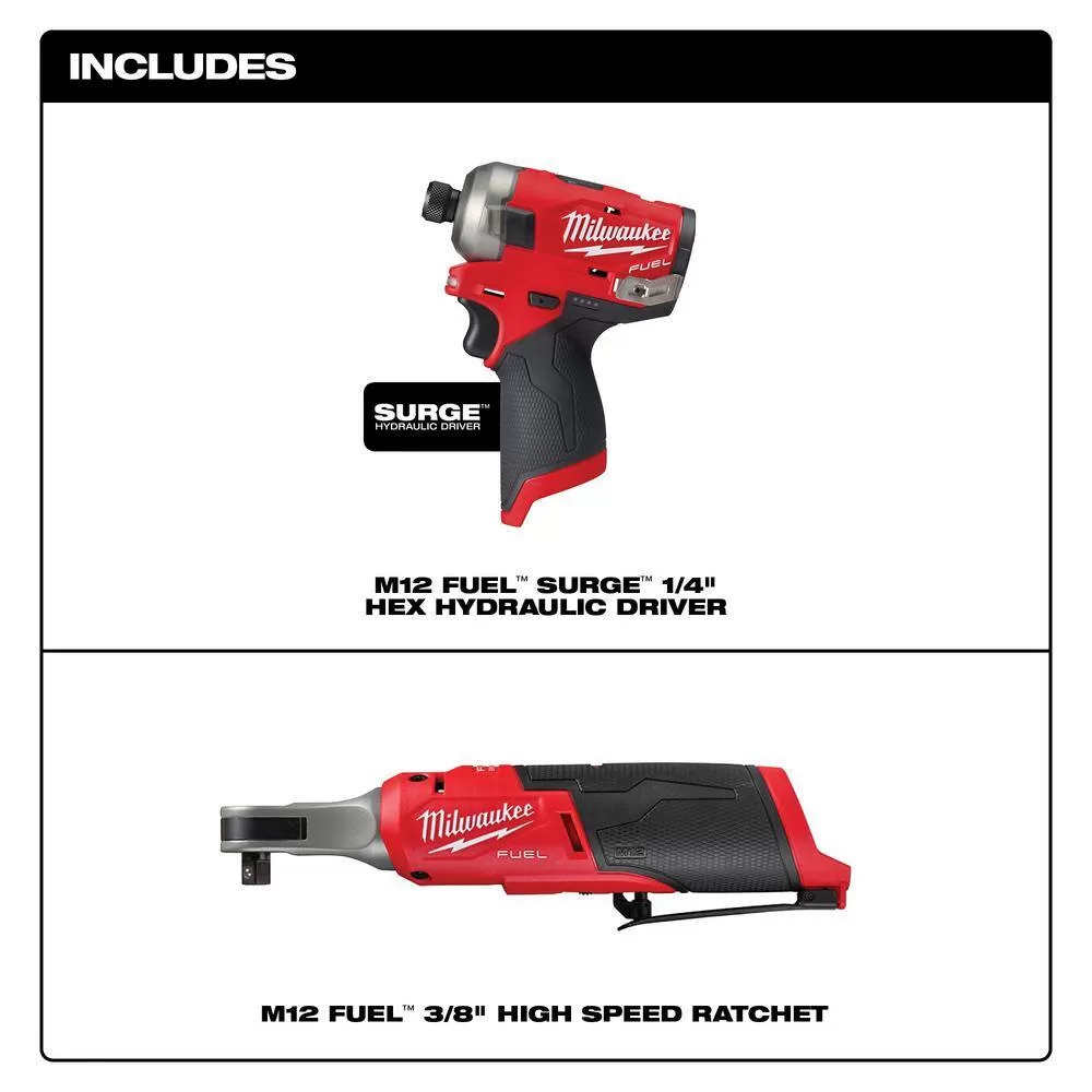 Milwaukee 2551-22-2567-20 M12 FUEL 12V Lithium-Ion Cordless SURGE 1/4 in. Hex Impact Driver and M12 FUEL High Speed 3/8 in. Ratchet Combo Kit