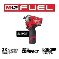 Milwaukee 2551-22-48-11-2425 M12 FUEL SURGE 12V Lithium-Ion Brushless Cordless 1/4 in. Hex Impact Driver Kit w/CP High Output 2.5 Ah Battery Pack