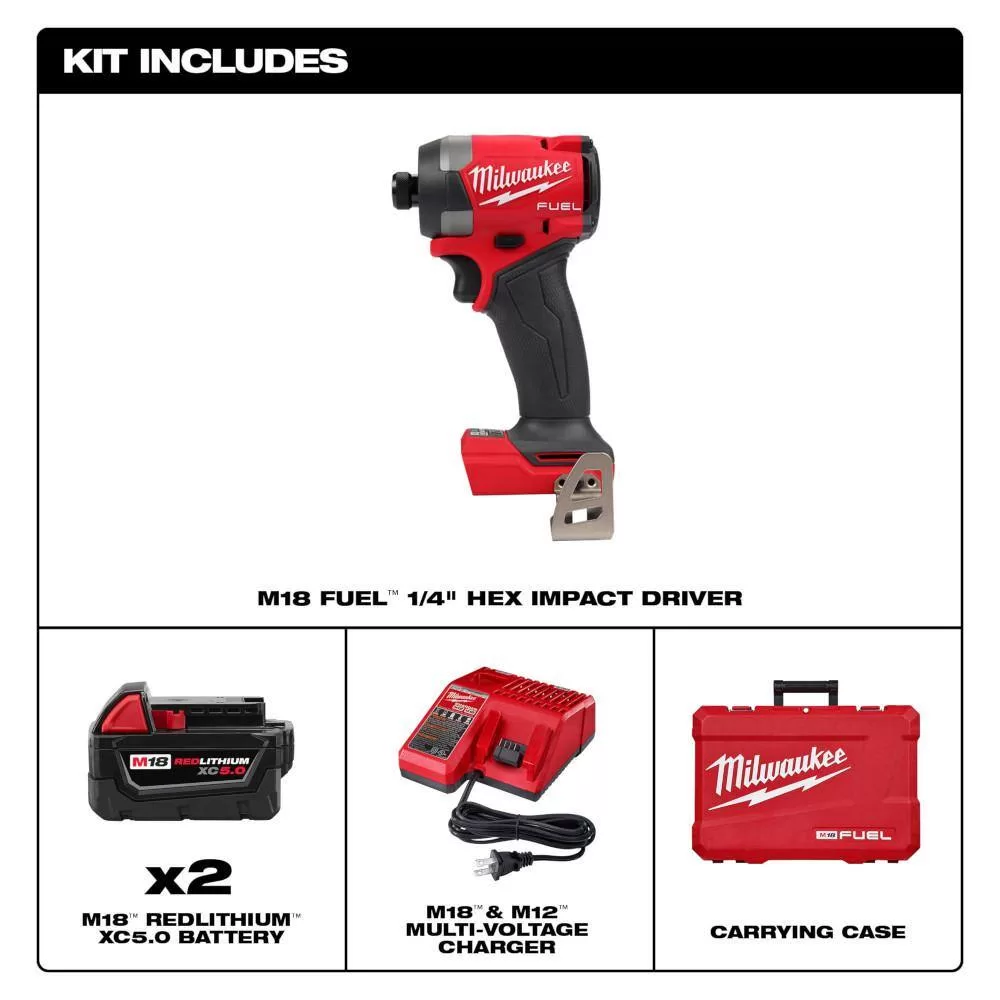 Milwaukee 2953-22-48-11-1850 M18 Fuel 18-V Lithium-Ion Brushless Cordless 1/4 in. Hex Impact Driver Kit w/(3) 5.0 Ah Batteries, Charger & Hard Case