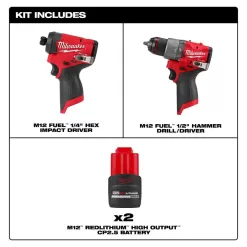 Milwaukee 3453-20-3404-20-48-11-2425-48-11-2425 M12 FUEL 12V Lithium-Ion Brushless Cordless 1/4 in Impact Driver, 1/2 in Hammer Drill