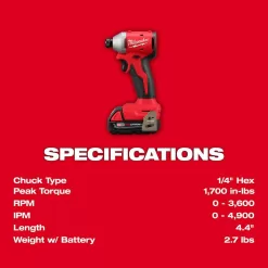 Milwaukee 3650-21P M18 18-Volt Lithium-Ion Compact Brushless Cordless 1/4 in. Impact Driver Kit with One 2.0 Ah Battery, Charger & Tool Bag
