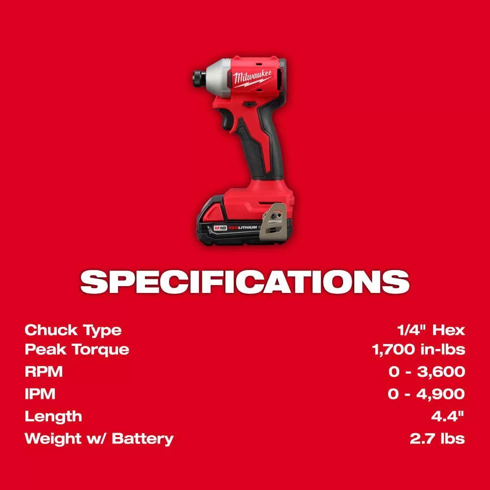 Milwaukee 3650-21P M18 18-Volt Lithium-Ion Compact Brushless Cordless 1/4 in. Impact Driver Kit with One 2.0 Ah Battery, Charger & Tool Bag